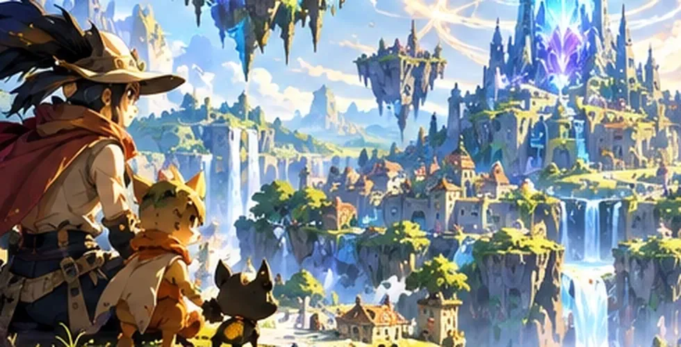 Un aventurier et ses compagnons surplombent une vallée de châteaux et de cascades.