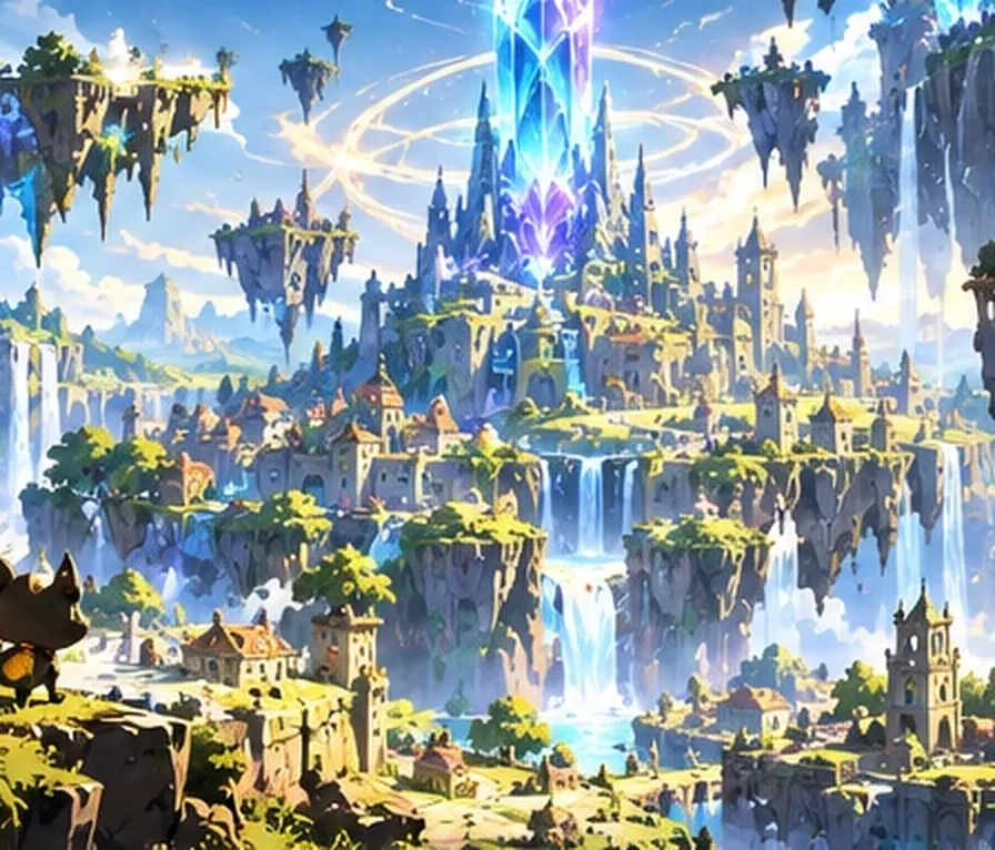 La cité de cristal, entourée d'îles flottantes et de cascades.